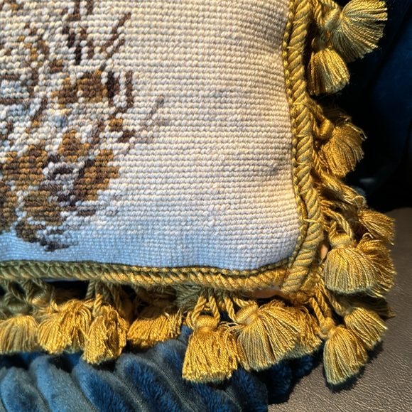 Wool Needle Point Pillow with Tassel Fringe-Song Bird with Nest-Beige/Tan - Picture 5 of 13